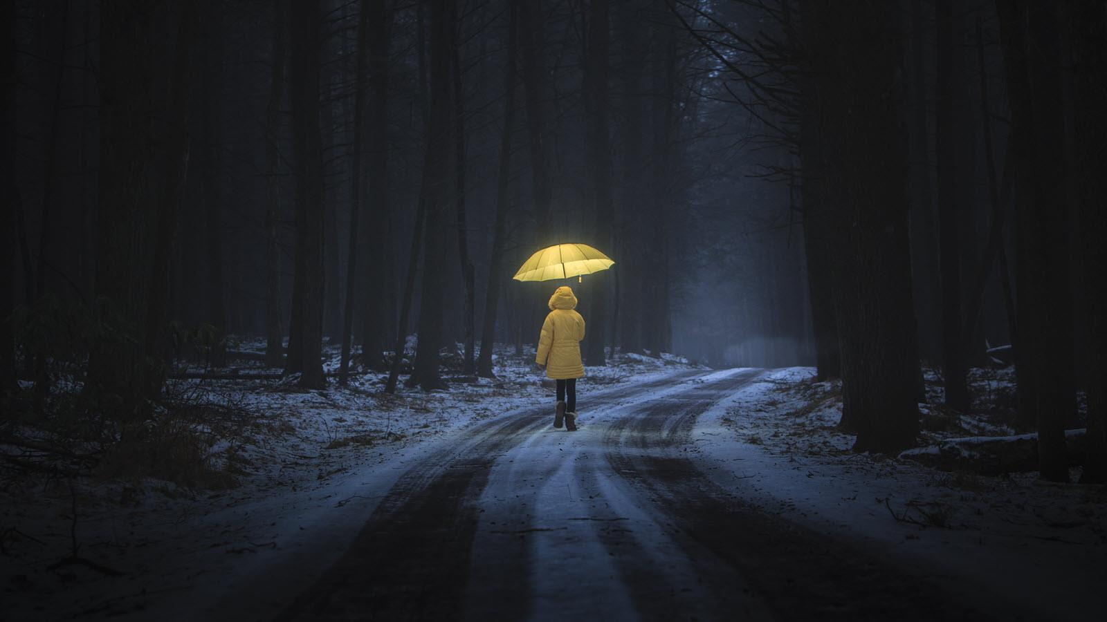 Person walks on a snowy path in the woods dressed in a yellow raincoat and carrying a yellow umbrella