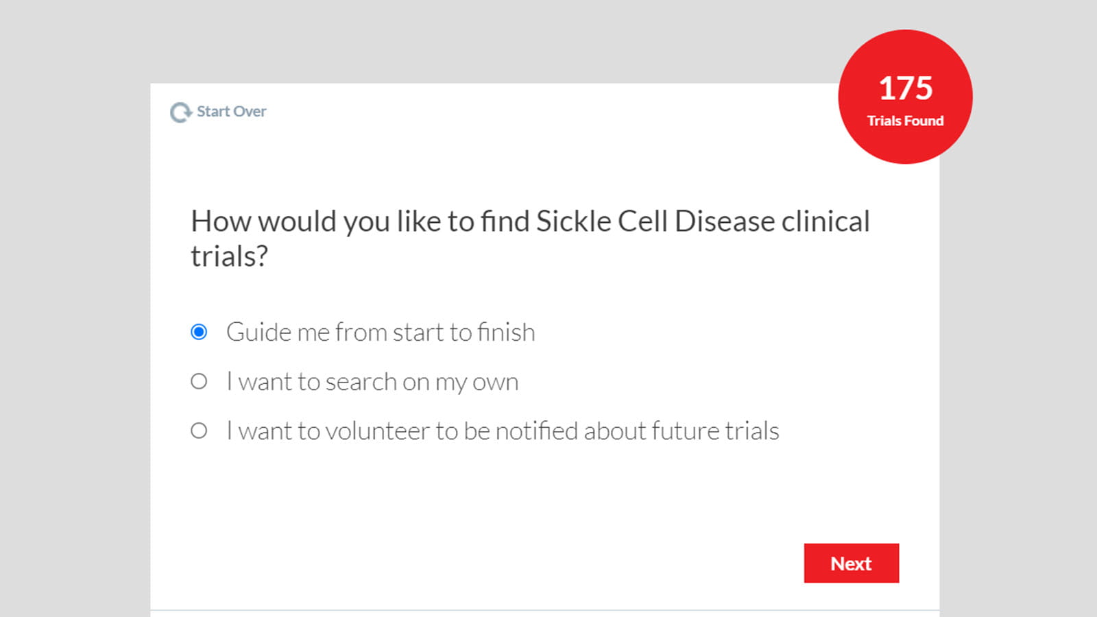 screenshot of a clinical trial finder tool including a red circle that says 175 trials found