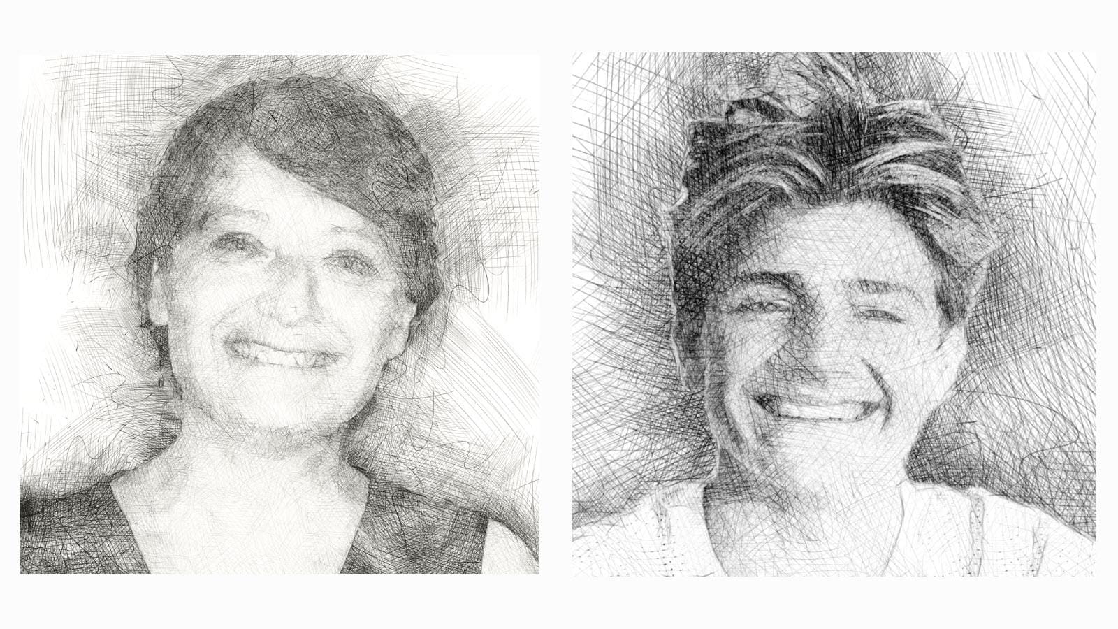 Sketch portraits of Shane Fitch and son Arran Strong