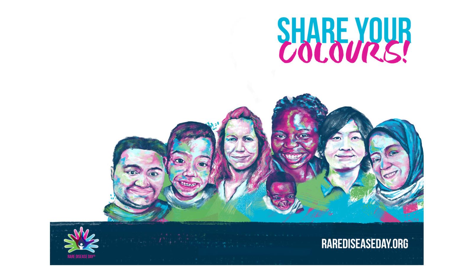 Seven patients in the blue, green, purple and pink colors of Rare Disease Day with the text "Share Your Colours!"