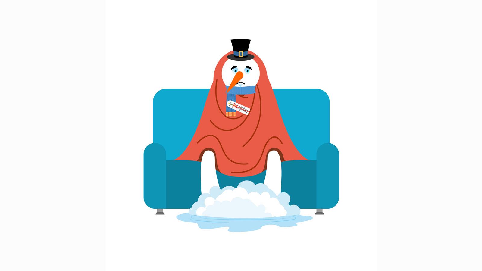 Sad snowman with a cold. He has a blanket and thermometer.