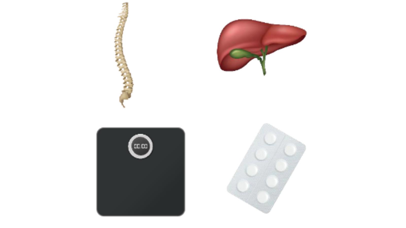 Four of 10 emoji proposed by doctors. They include a spine, a liver, a bathroom scale and a pill pack.