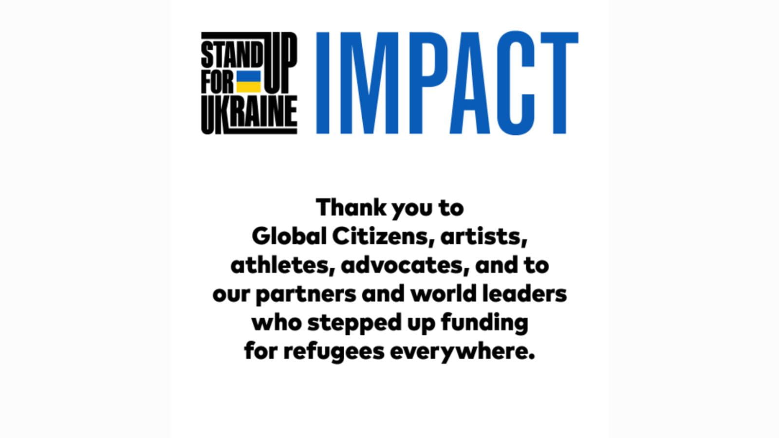 Stand Up for Ukraine logo that thanks global citizens, artists, athletes, advocates and world leaders