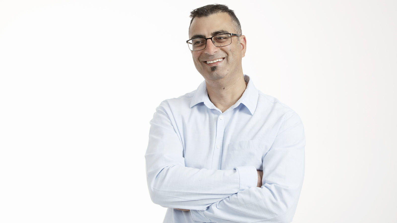 CSL scientist Steve Jacovou in a white shirt on a white background