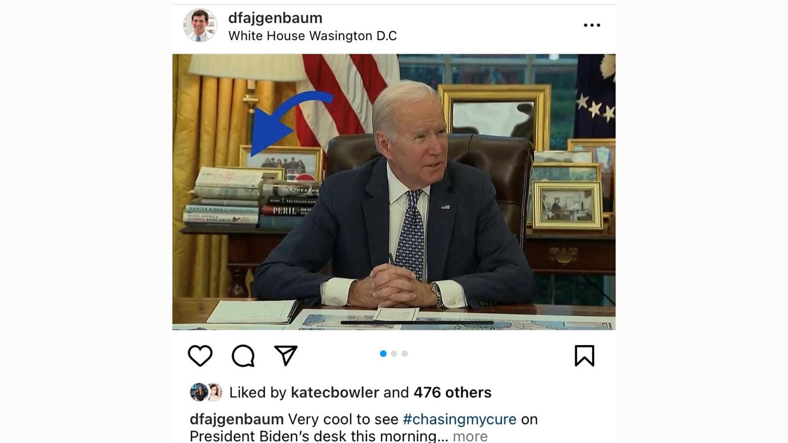 Instagram post from Dr. David Fajgenbaum showing his book on President Joe Biden's desk