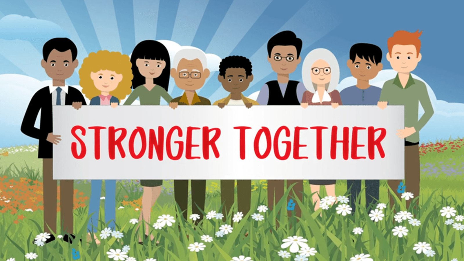 Illustration of people holding a banner that says STRONGER TOGETHER