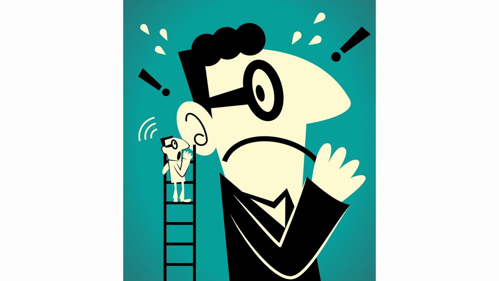 cartoon illustration of someone whispering in another person's ear, giving advice