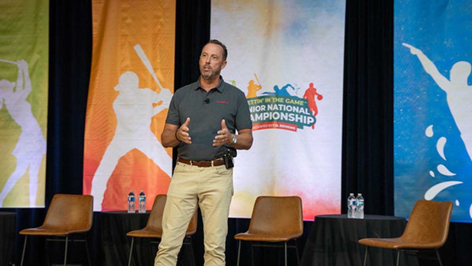 Bob Lojewski speaks to young athletes at the Gettin' In the Game  Junior National Championship