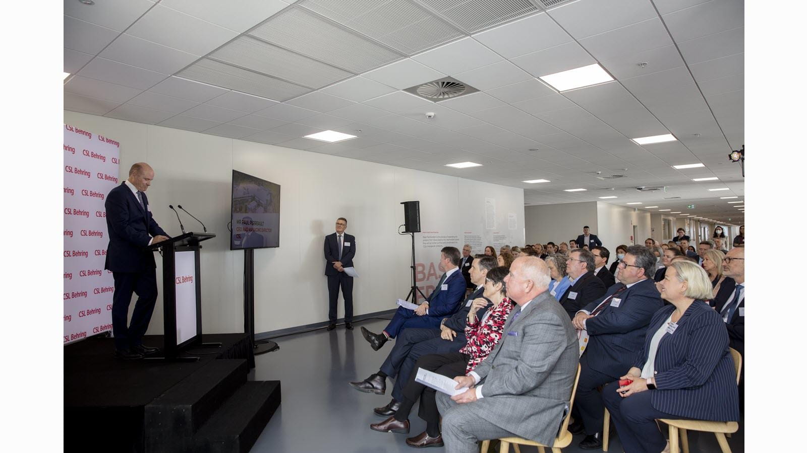 CSL CEO Paul Perreault addresses the audience at the opening of the fractionation facility in Australia.