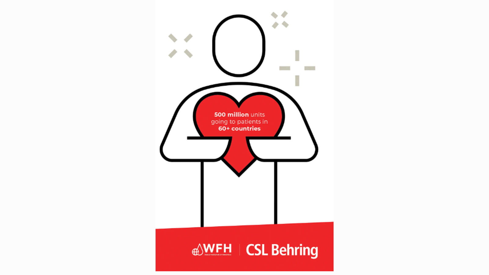 Icon showing a person holding a hear that says 500 million units going to patients in 60 countries