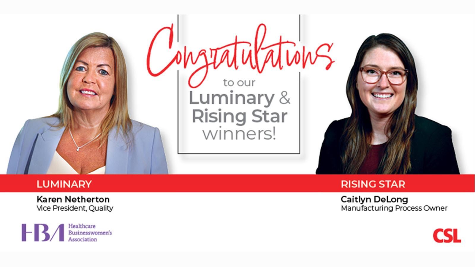 Karen Netherton and Caitlyn DeLong are honored by the Healthcare Businesswomen's Association