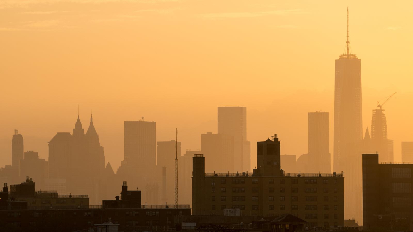 city skyline in a smoggy haze