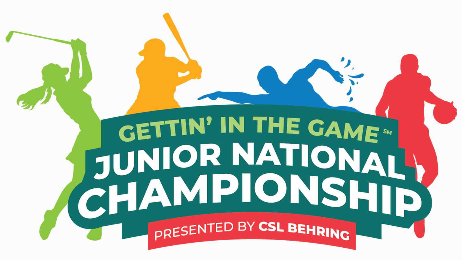Gettin' In The Game Junior National Championship presented by CSL Behring with silhouettes of a golfer, baseball player, swimmer and basketball player