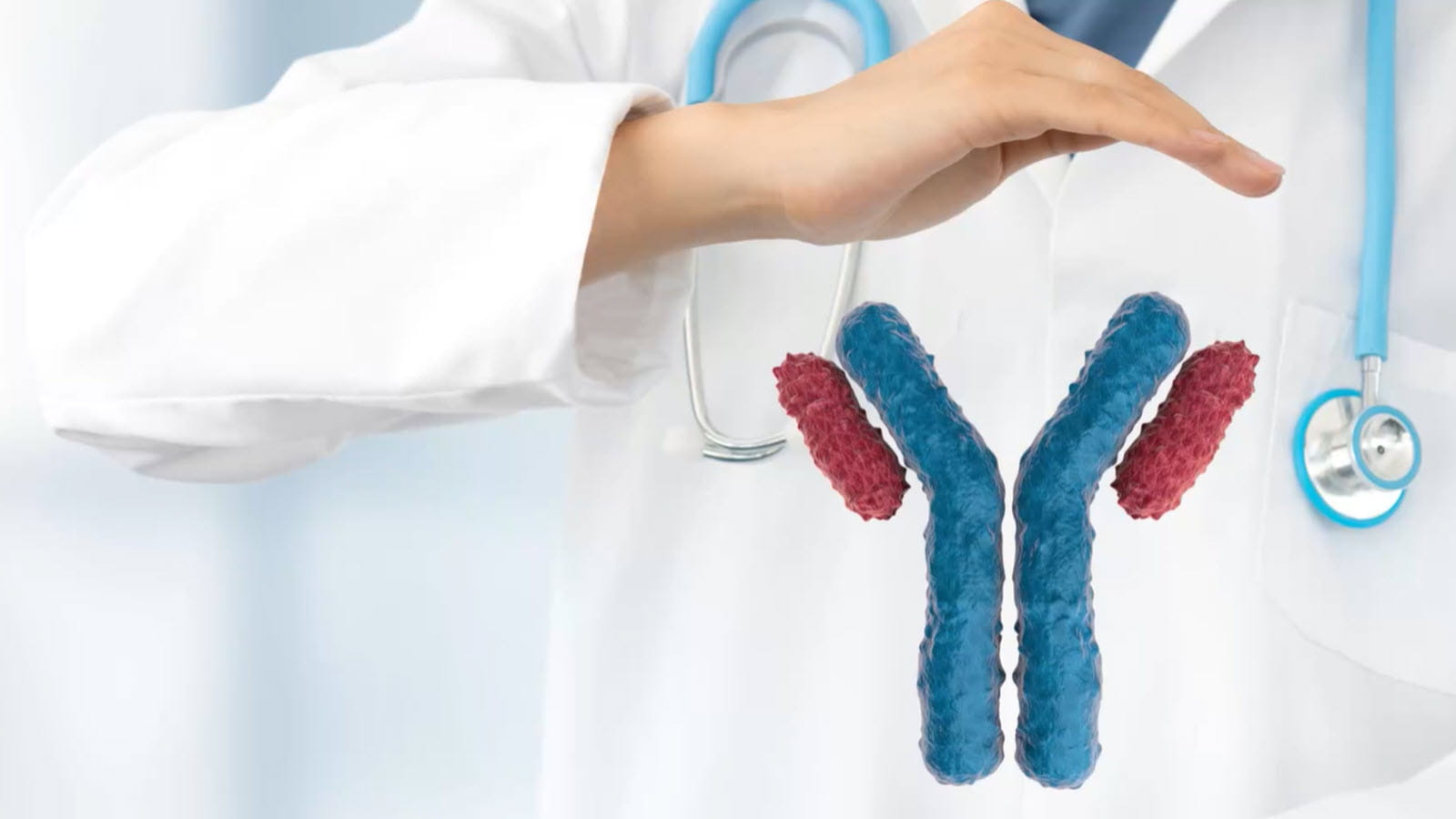 An illustration of a Y-shaped antibody against a backdrop of a doctor's coat with stethoscope