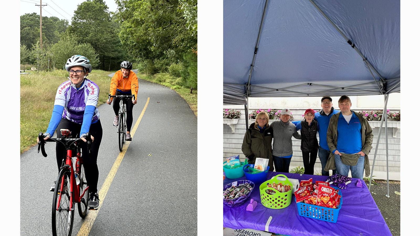 Cyclists in the Escape to the Cape Bike Trek and volunteers under the tent offering refreshments