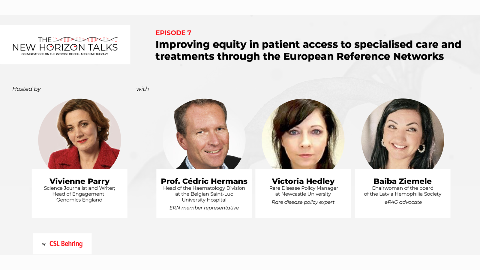 Image featuring panelists of Episode 7 of the New Horizon Podcast about improving equity in patient access to specialized care and treatments through the European Reference Networks