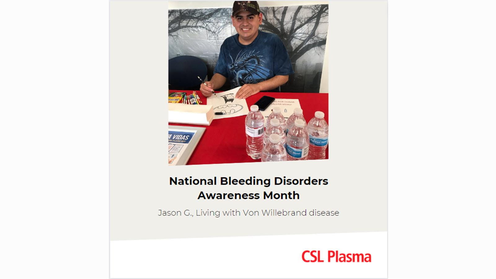 Jason, who has von Willebrand Disease, sits at a table with art supplies.