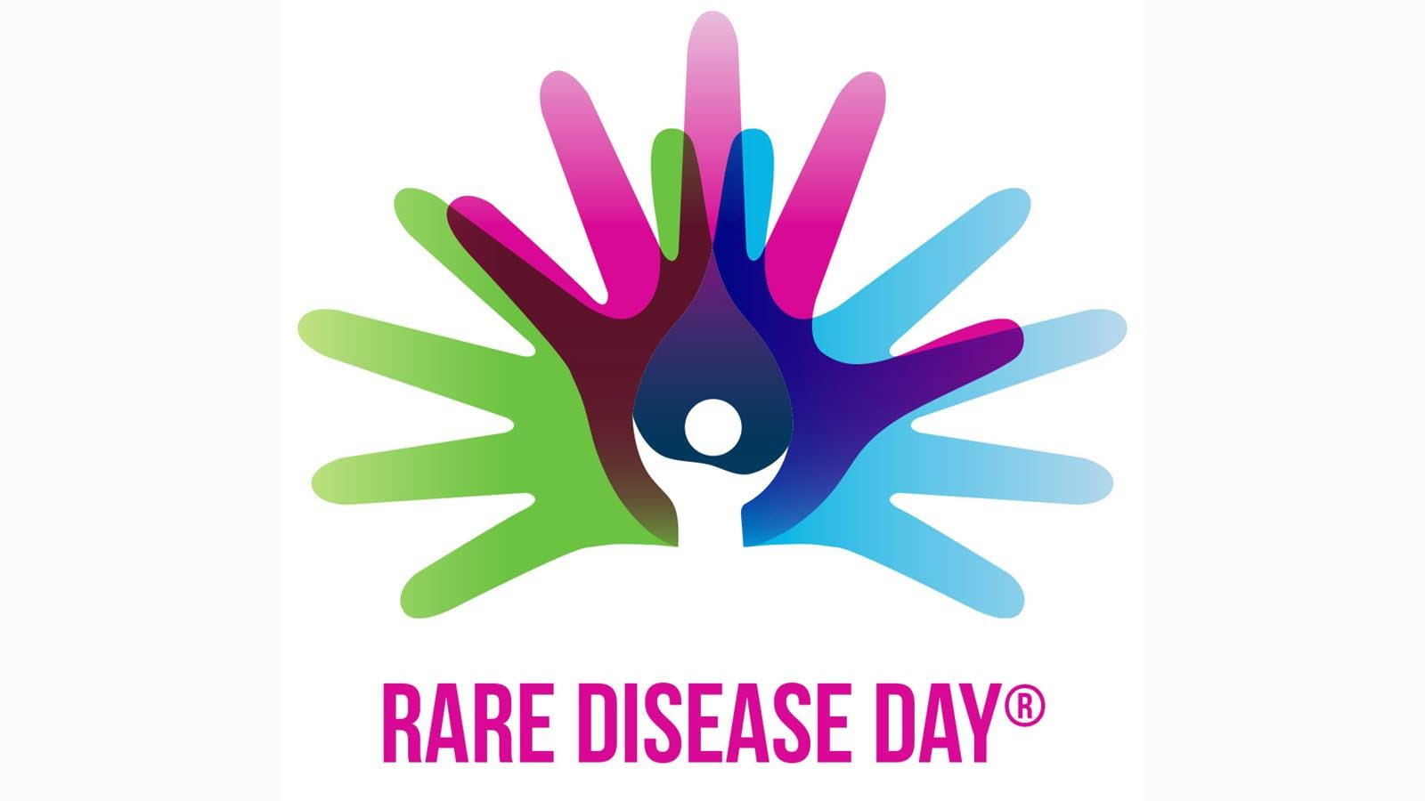 Rare Disease Day logo with hand silhouettes in green, pink, purple and blue