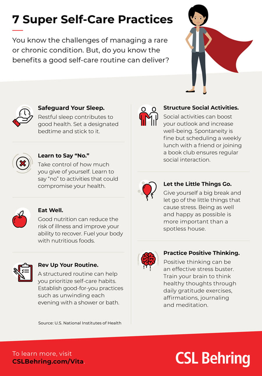 Infographic featuring a woman in a red superhero cape with tips about sleep, nutrition, exercise and spending time with friends and family