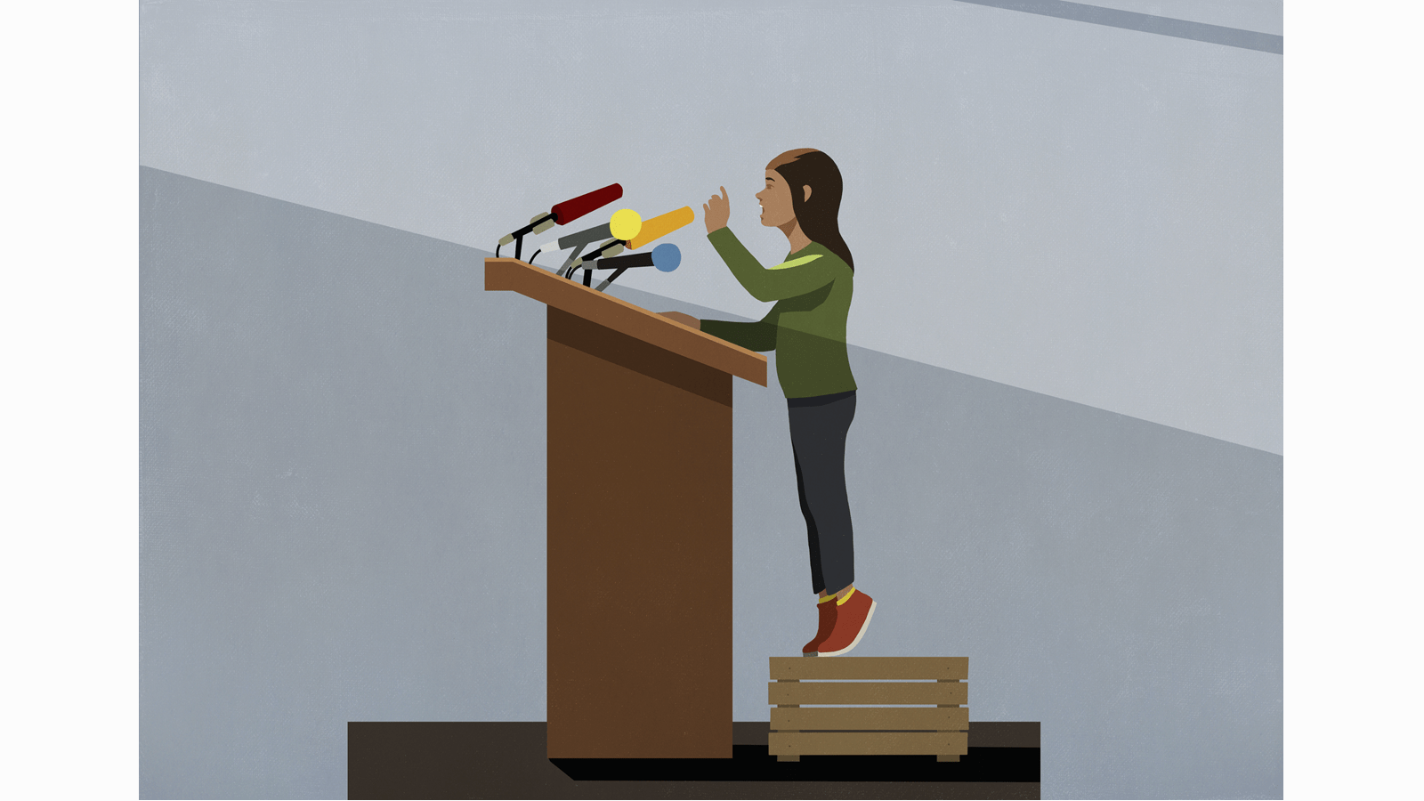 Illustration of a small person standing at a podium
