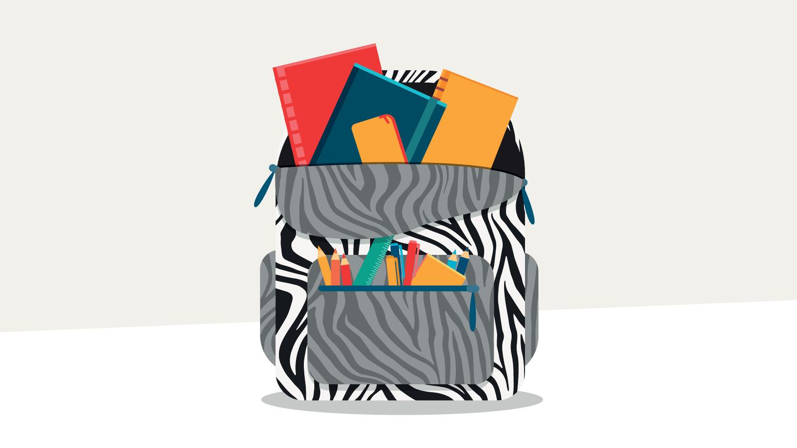 A zebra-patterned backpack stuffed with school supplies