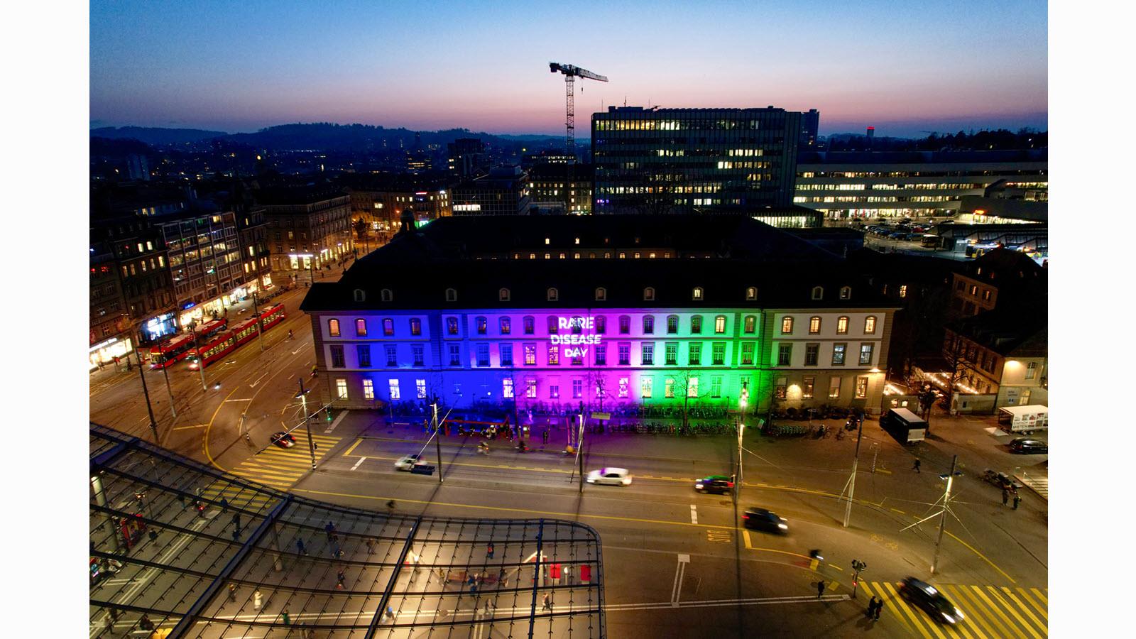 Rare Disease Day lighting viewed from the air in Bern, Switzerland