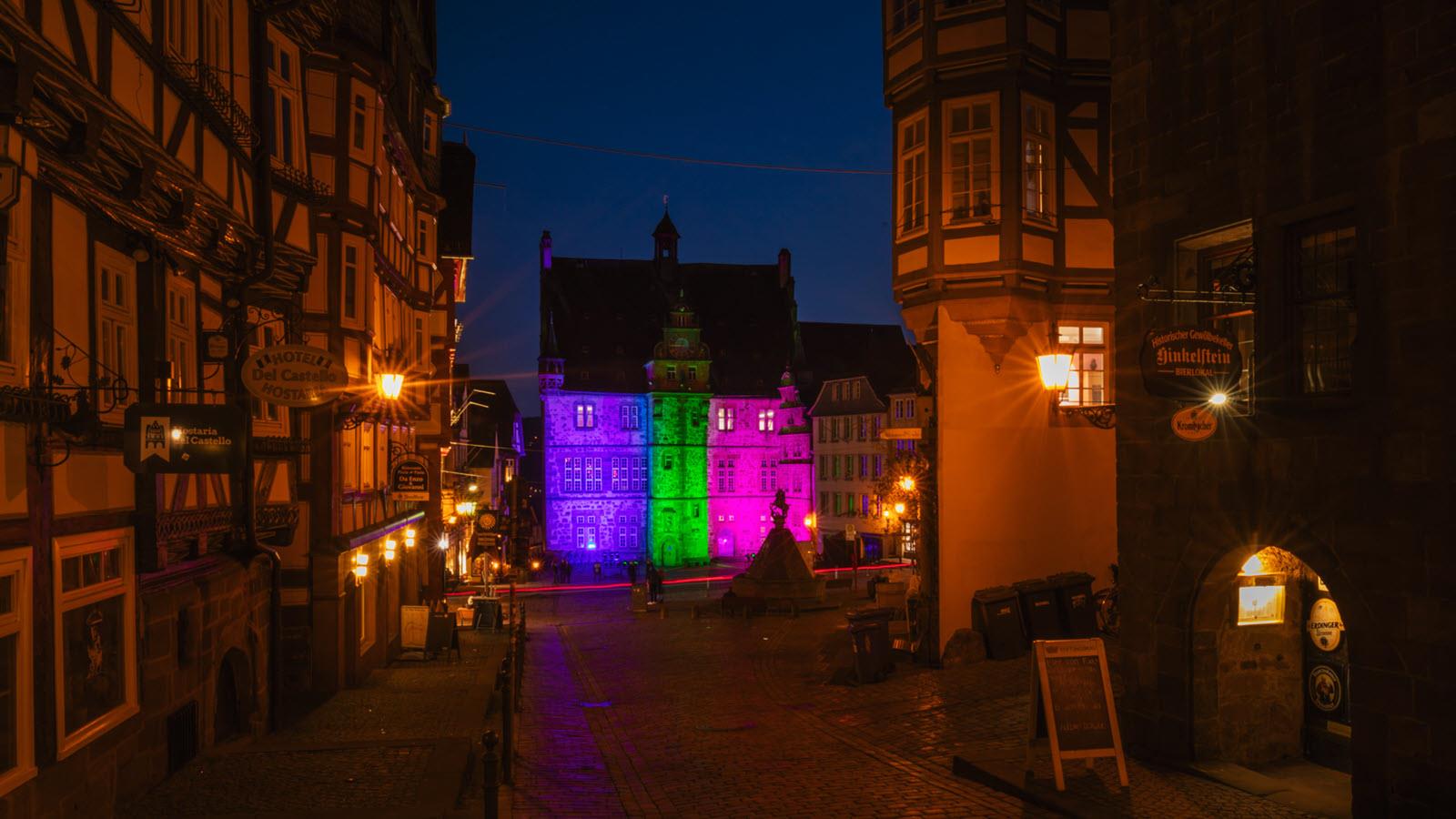 Marburg, Germany's Town Hall illuminated for Rare Disease Day