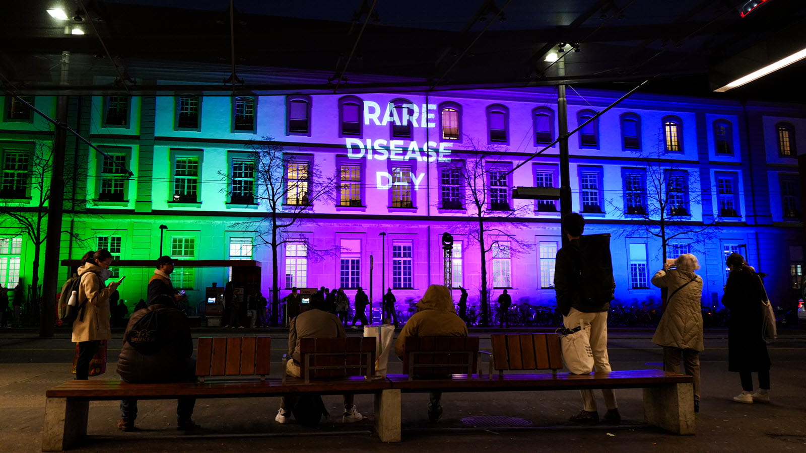 Rare Disease Day illumination on Generationenhaus in Bern, Switzerland