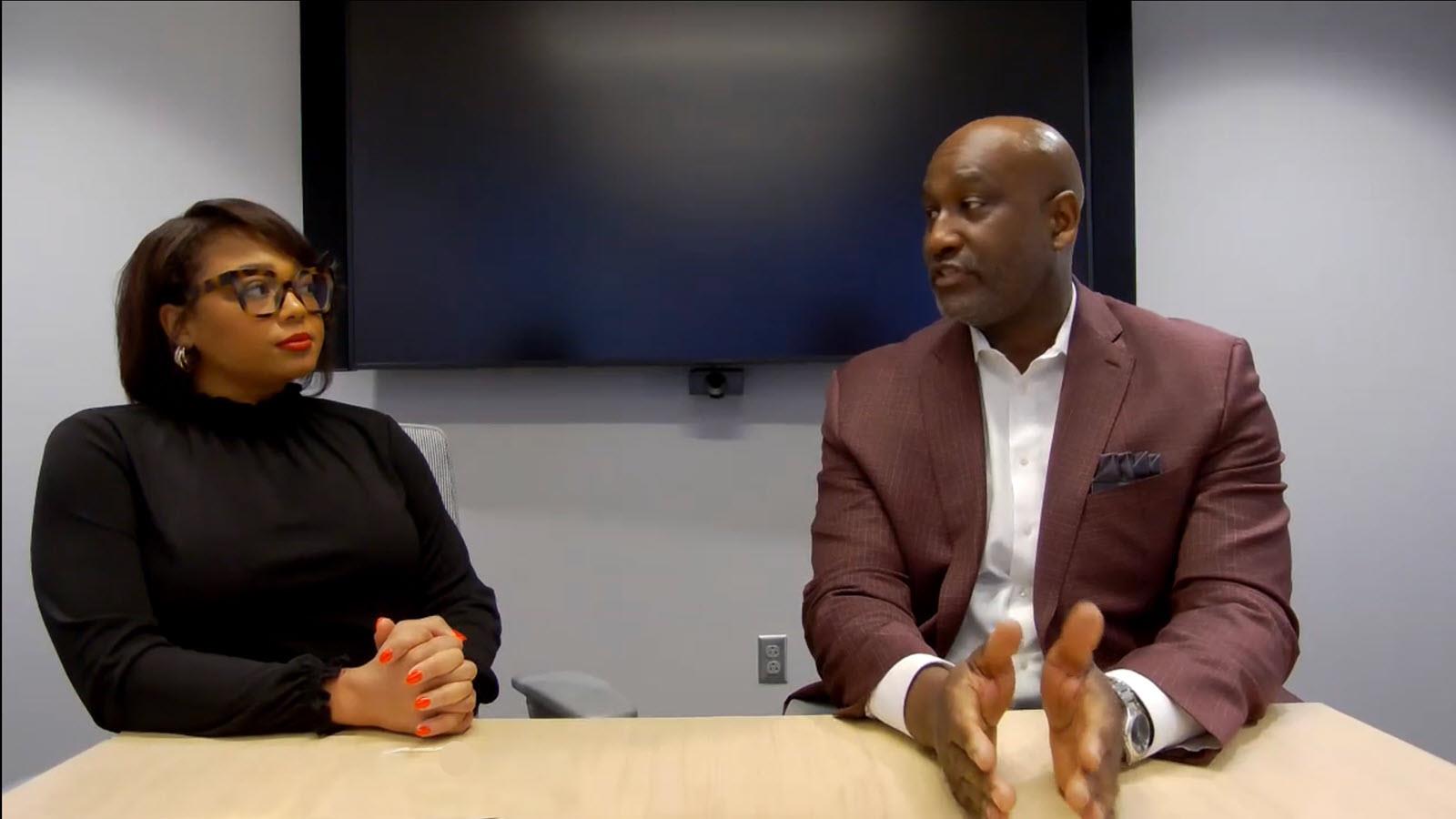 Urban League of Philadelphia President and CEO Darrin Anderson with CSL’s Latoya Richie, who moderated the conversation during a town hall event for employees. 