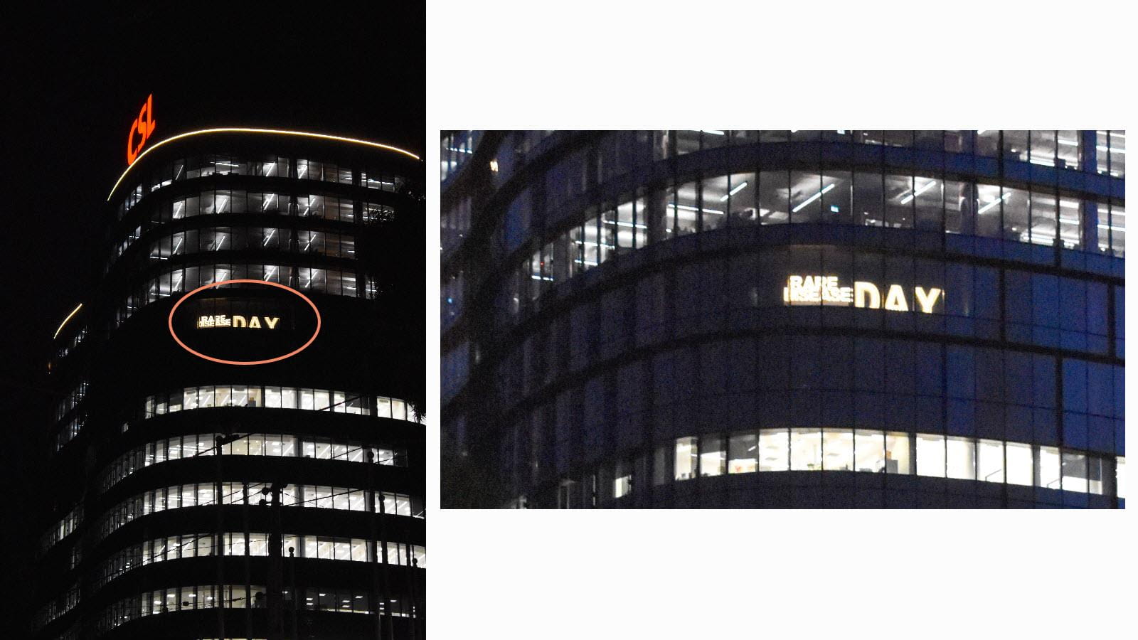 Illuminated letters spell out "Rare Disease Day" from the 12th floor of CSL's headquarters building in Melbourne, Australia.