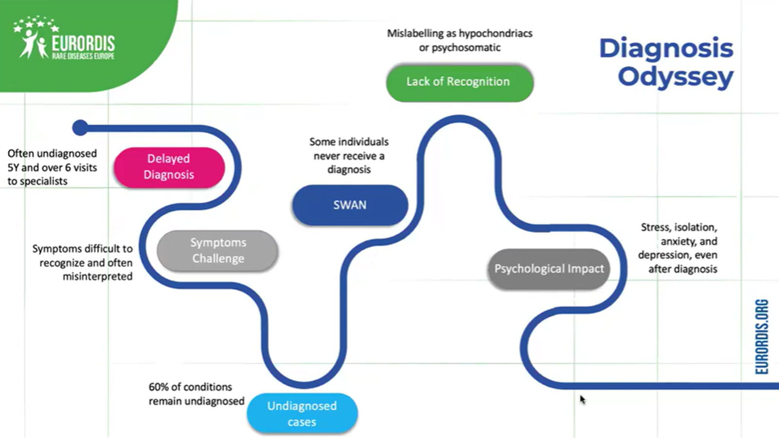 Map of the diagnostic odyssey for people who have rare conditions, showing how long it can take to get an accurate diagnosis