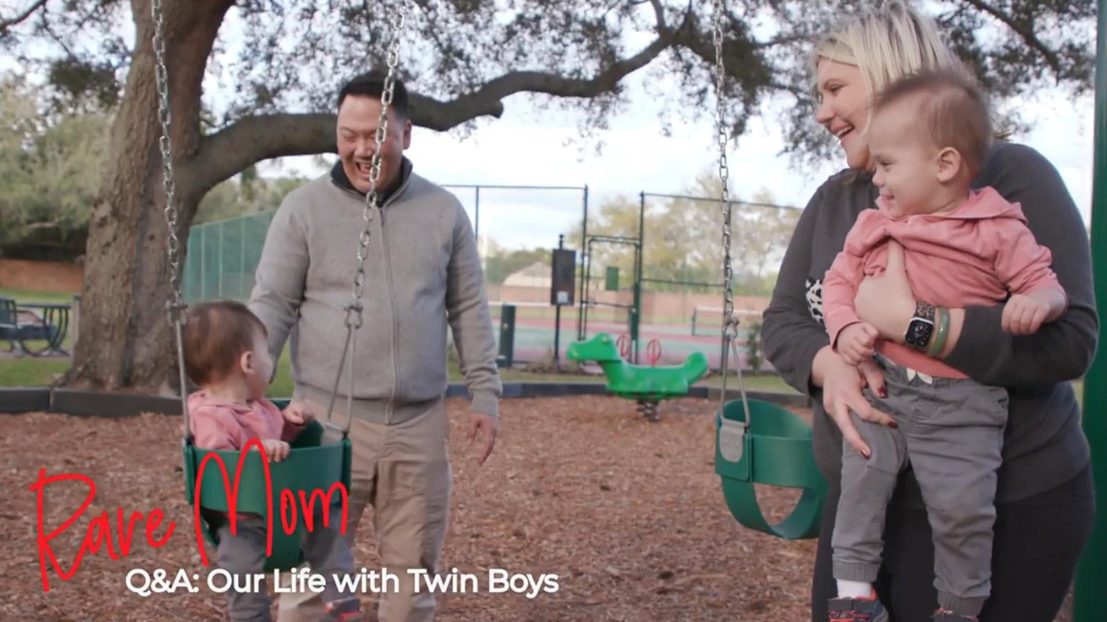 Danielle and her husband Armand play on the swings with their twin sons.