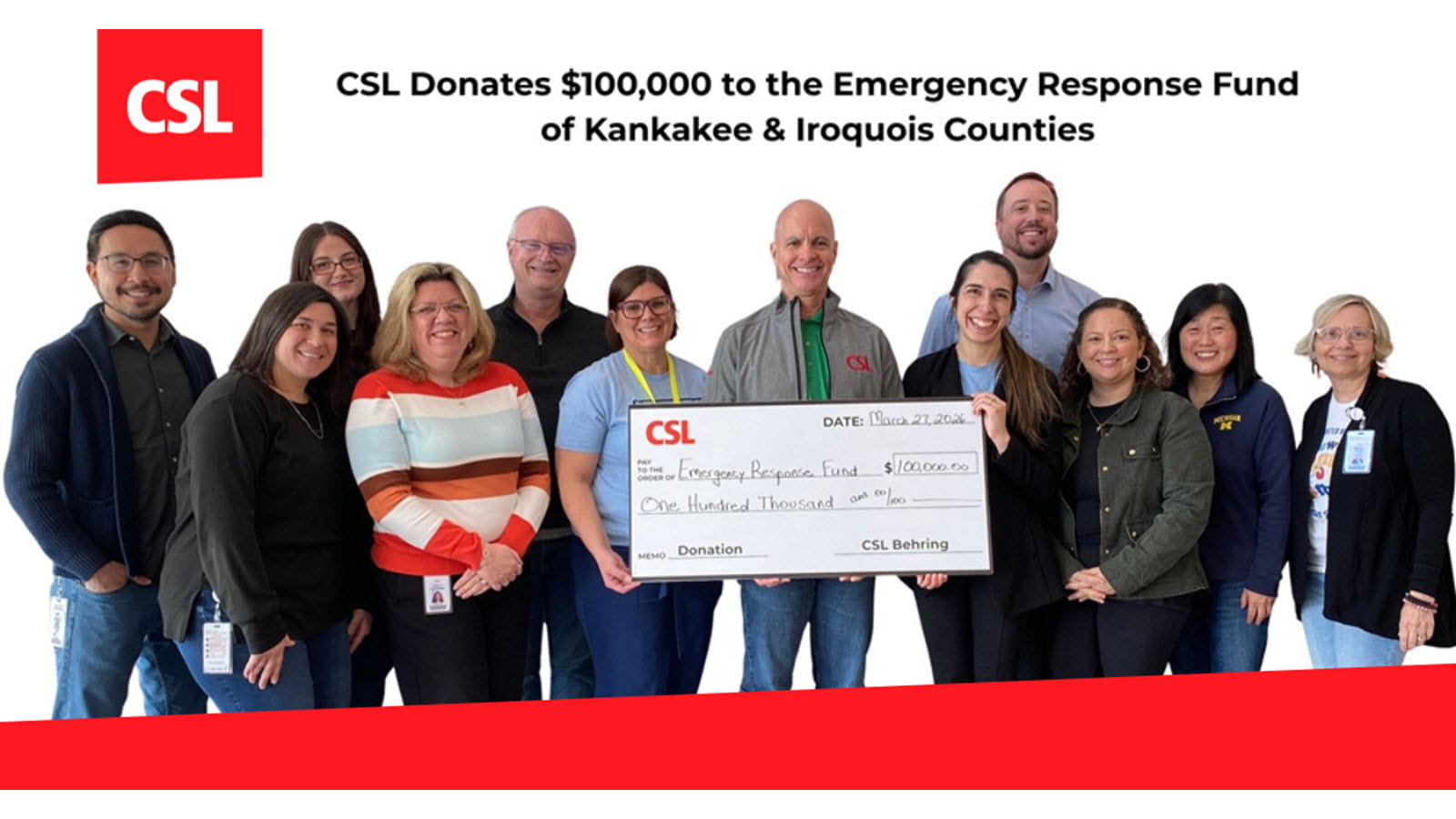 CSL donates $100,000 to tornado relief in Kankakee, Illinois. Image of employees and local officials holding check.