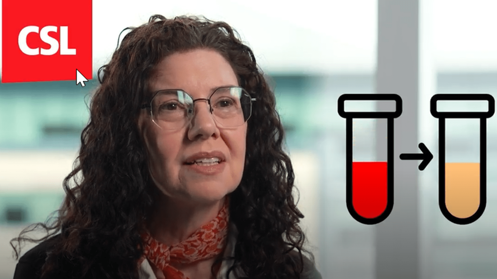 Deborah Long, M.D., CSL Head of Medical Affairs and an illustration of two test tubes representing blood and blood plasma