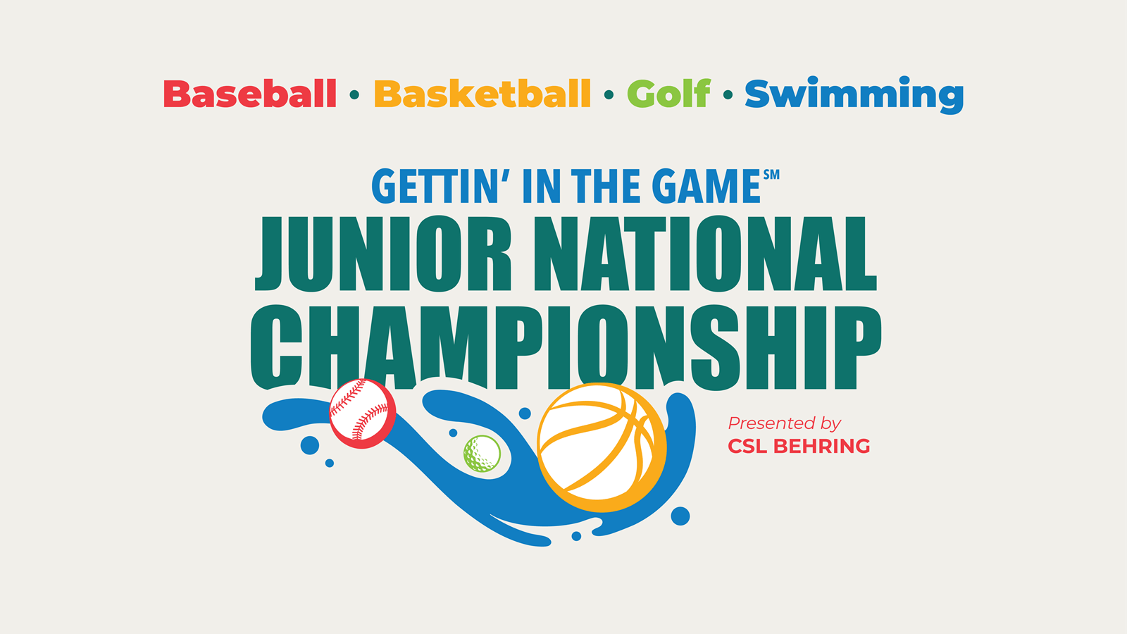 Gettin' in the Game Junior National Championship logo, including baseball, basketball, golf and swimming