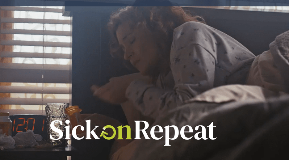 A woman who's sick in bed during the daytime. A screenshot of the new website SickonRepeat.com