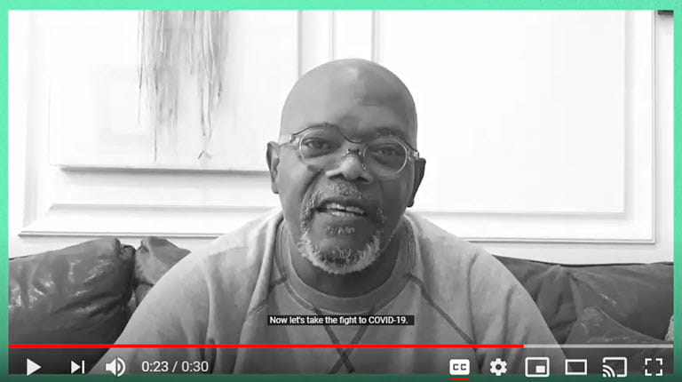 Screenshot of actor Samuel L. Jackson in a YouTube video for The Fight Is In Us