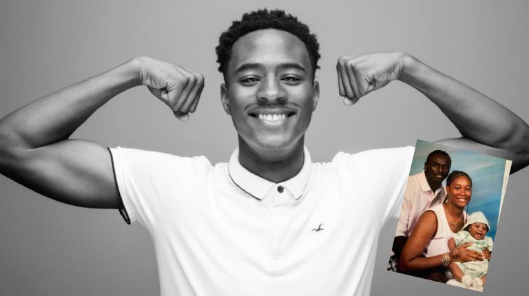 T.J. Holmes flexes his muscles - inset photo of him as a baby with his parents Santonio and Nicole